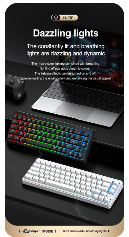 FREEWOLF M68SE Teclado mini con cable de 68 teclas, retroiluminación RGB, Type-C, diseño 68%, compacto para gaming, oficina, PC y portátil