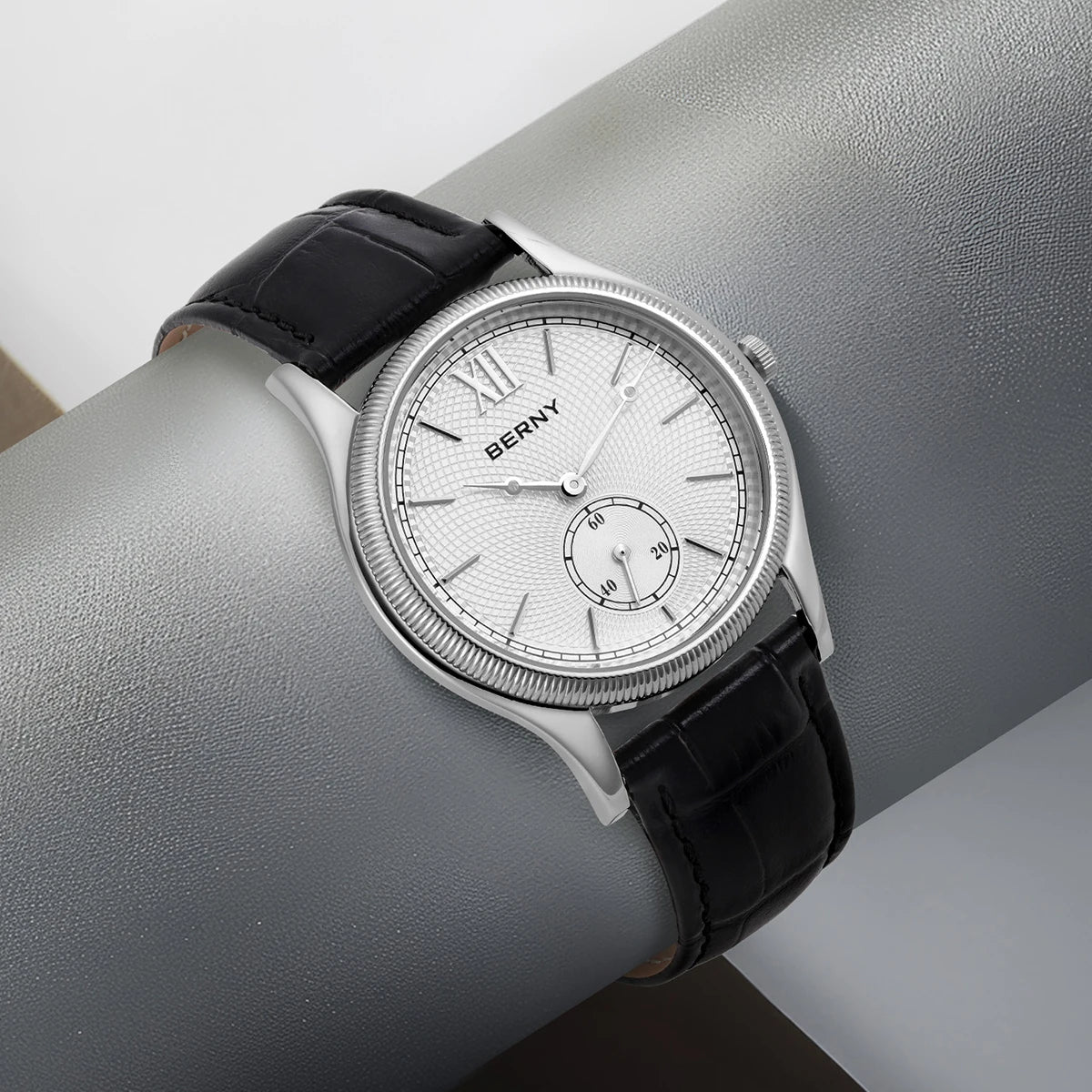 BERNY Watches for Men Luxury Slim Classic Stylish Dress Quartz Watch Stainless Steel Case Elegance Leather Band Wristwatch