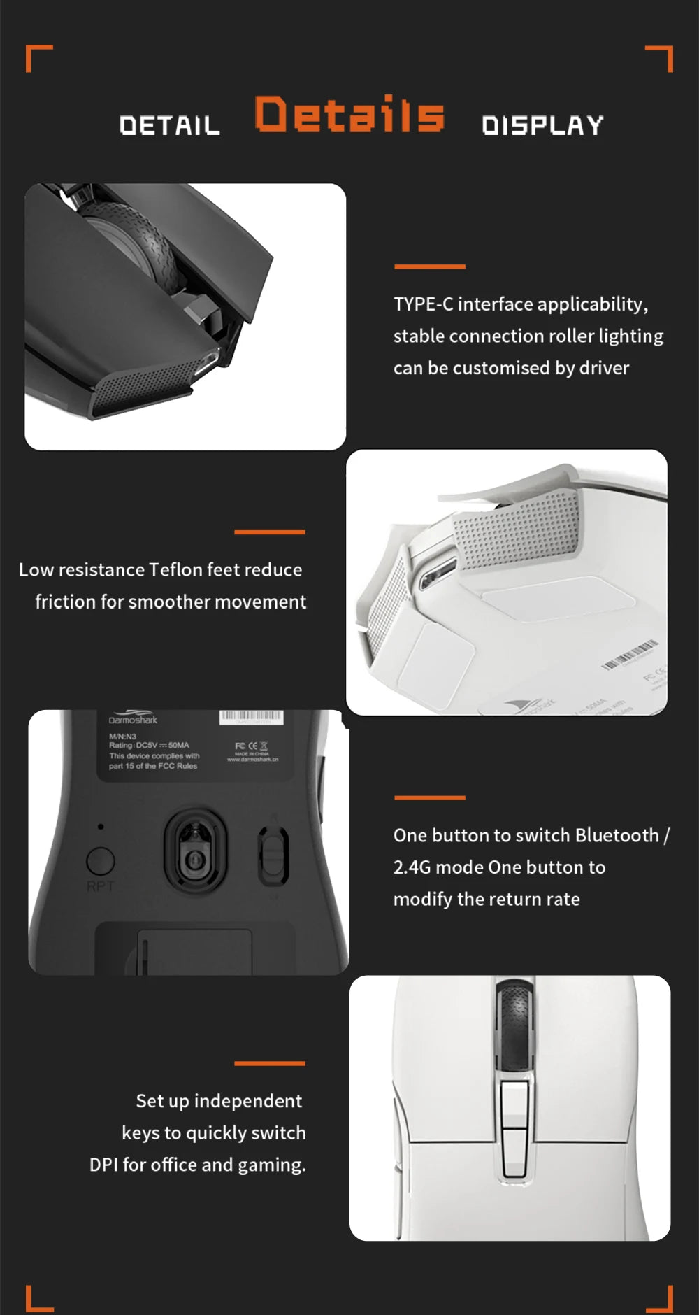 Motospeed Darmoshark N3 Pro Bluetooth Wireless Gaming Mouse Double 8K Tri-Mode Rechargeable PAW3395 64g Ergonomic Gamer Mouse