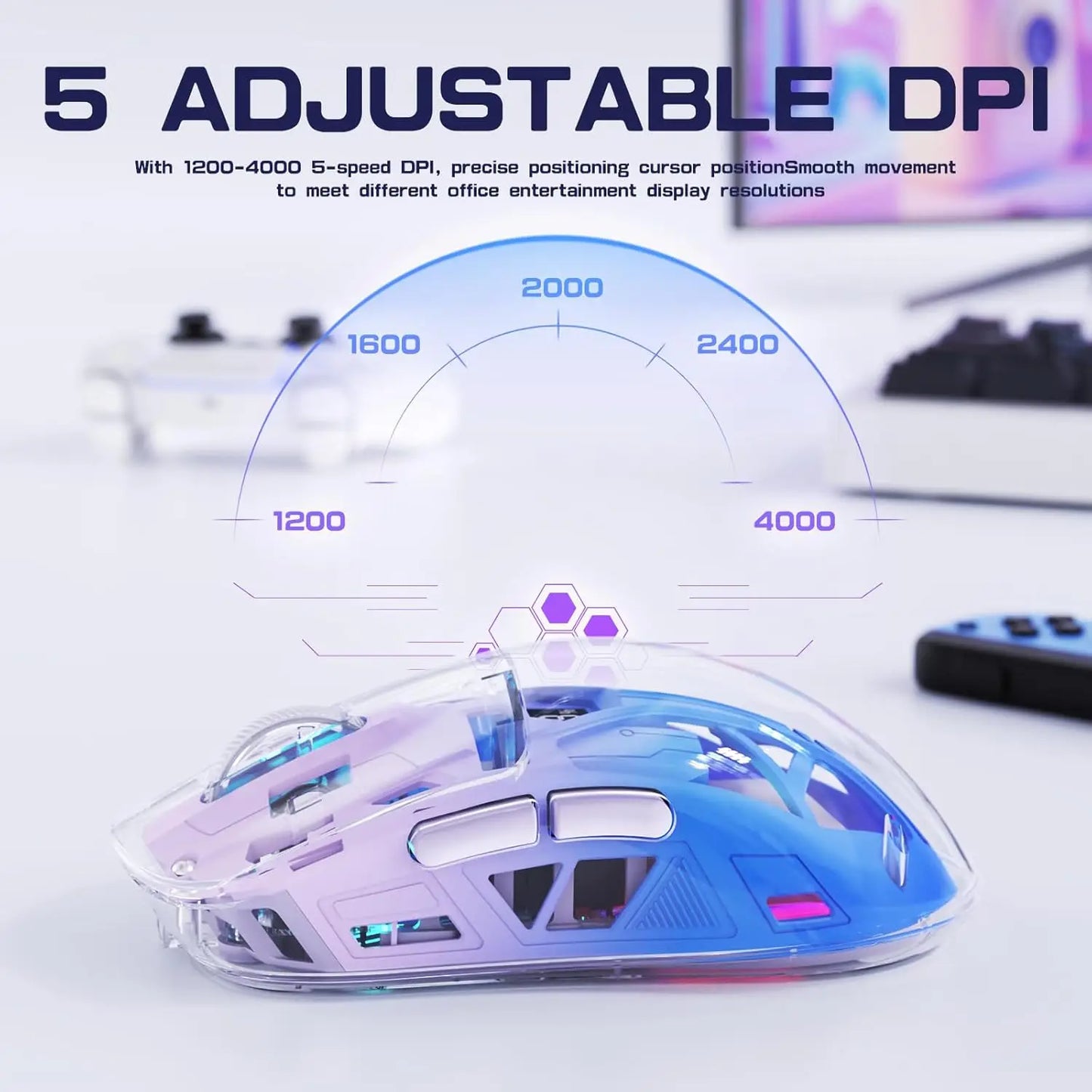 Rato Gaming Sem Fios Transparente A2, BT 5.0/2.4G para PC, Recarregável, RGB, com Ecrã Digital, PixArt 3212, 5 Níveis de DPI Ajustáveis