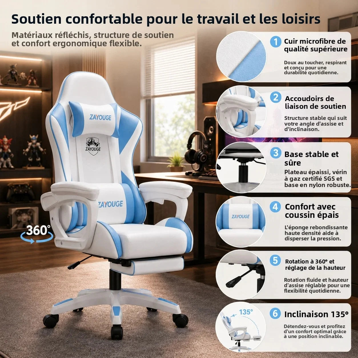 Cadeira de Escritório Gaming Reclinável AOLIVIYA para Computador em Casa, Rotativa, com Elevação, Encosto e Apoio para Pés, para Cybercafé e E-Sports