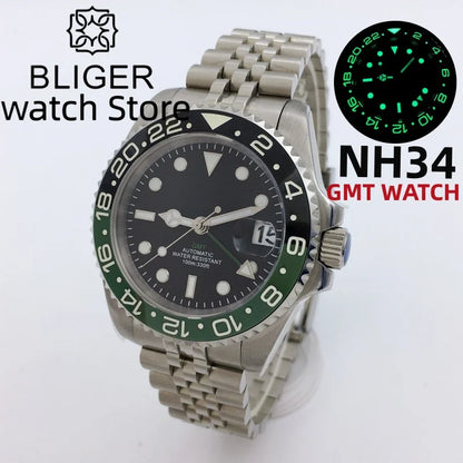 BLIGER 40mm NH34 GMT Watch For Men Mechanical Wristwatch Luminous Bezel Sapphire Glass Stainless Steel Bracelet Men's Watch