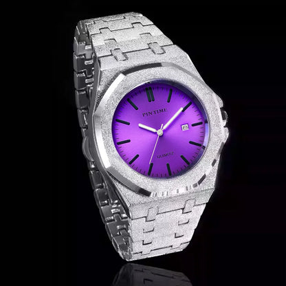Octagon Wristwatch Glitter Textured Case Purple Dial Date Display Quartz Watch Unisex Stylish Trendy Casual Fashion Watch