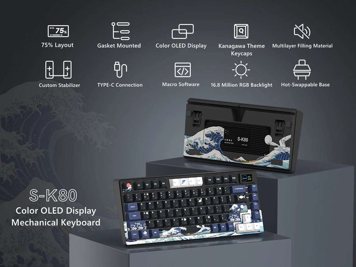 Teclado gamer Womier S-K80 con pantalla OLED a color, teclado mecánico gaming hot-swappable con montaje gasket y RGB personalizable