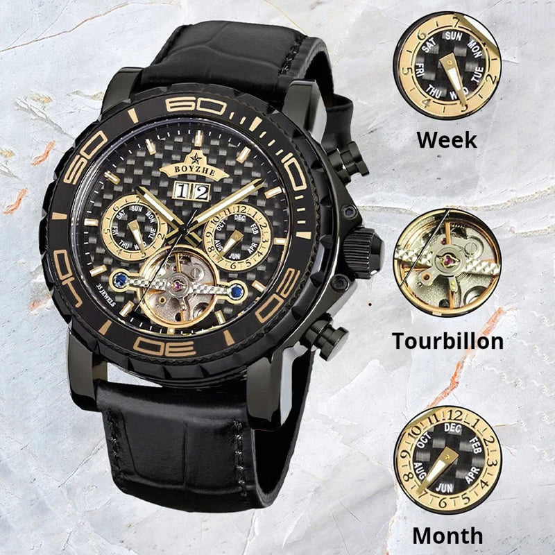 BOYZHE Brand Luxury Tourbillon Mechanical Watch Men Sports Leather Strap Waterproof Classic Date Week Automatic Sapphire Watches
