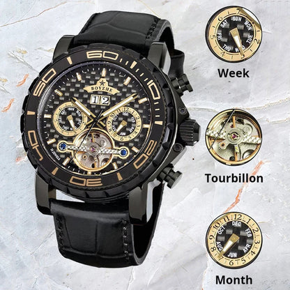 BOYZHE Brand Luxury Tourbillon Mechanical Watch Men Sports Leather Strap Waterproof Classic Date Week Automatic Sapphire Watches