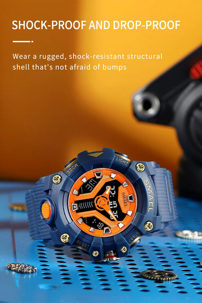 SMAEL 8075 Men's Analog Digital Dual Display Sport Watch - 50M Waterproof LED Backlight Dual Time Alarm Chronograph Stopwatch
