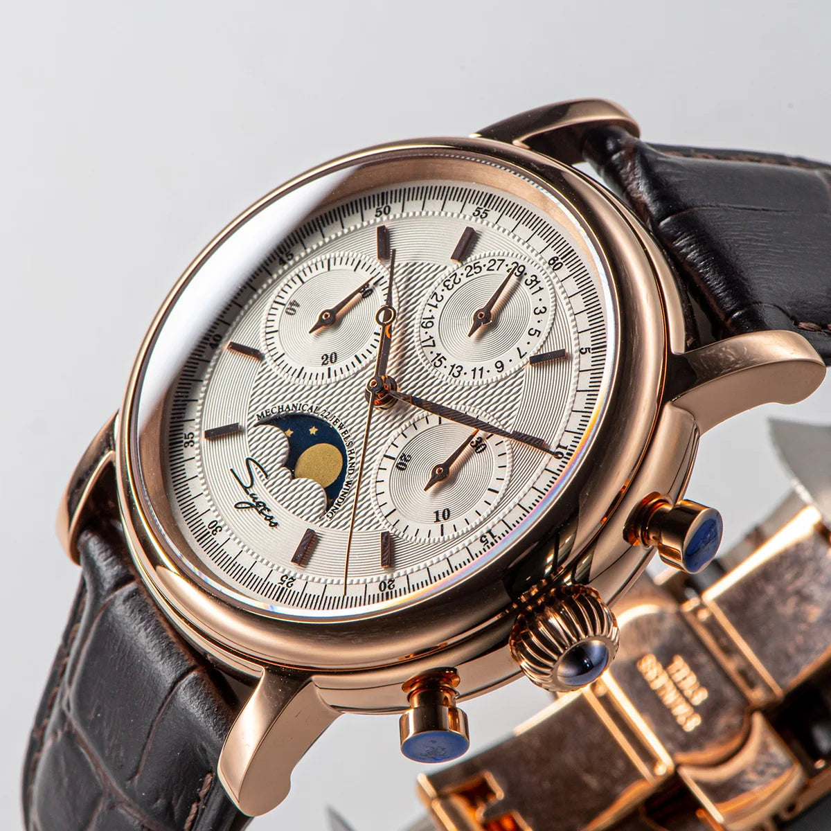 Sugess Men Watch ST1908 Swanneck Movement Mechanical Chronograph Wristwatch Genuine Moonphase Calendar Vintage Leather NEW 2023