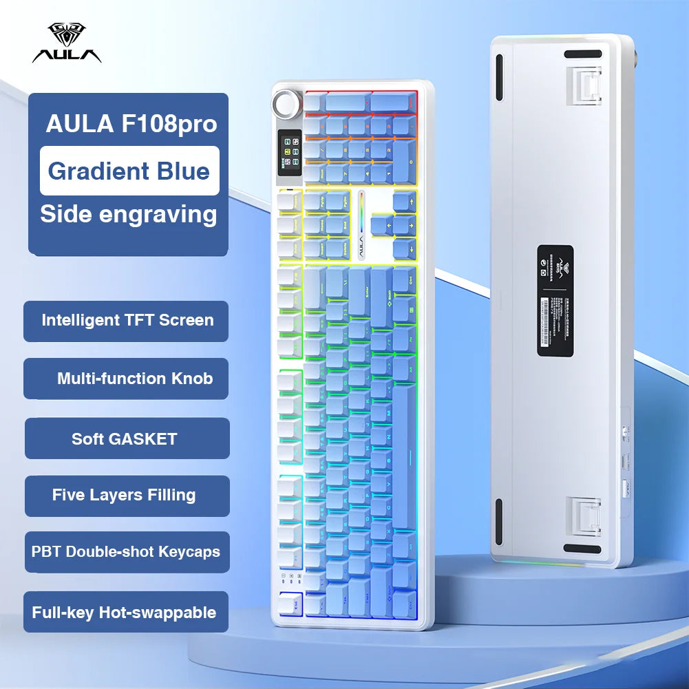 AULA F108 Pro Wireless Bluetooth Keyboard Macro Gaming Keyboard Gasket Hot-Swap Full Size Keyboard with TFT Smart Display