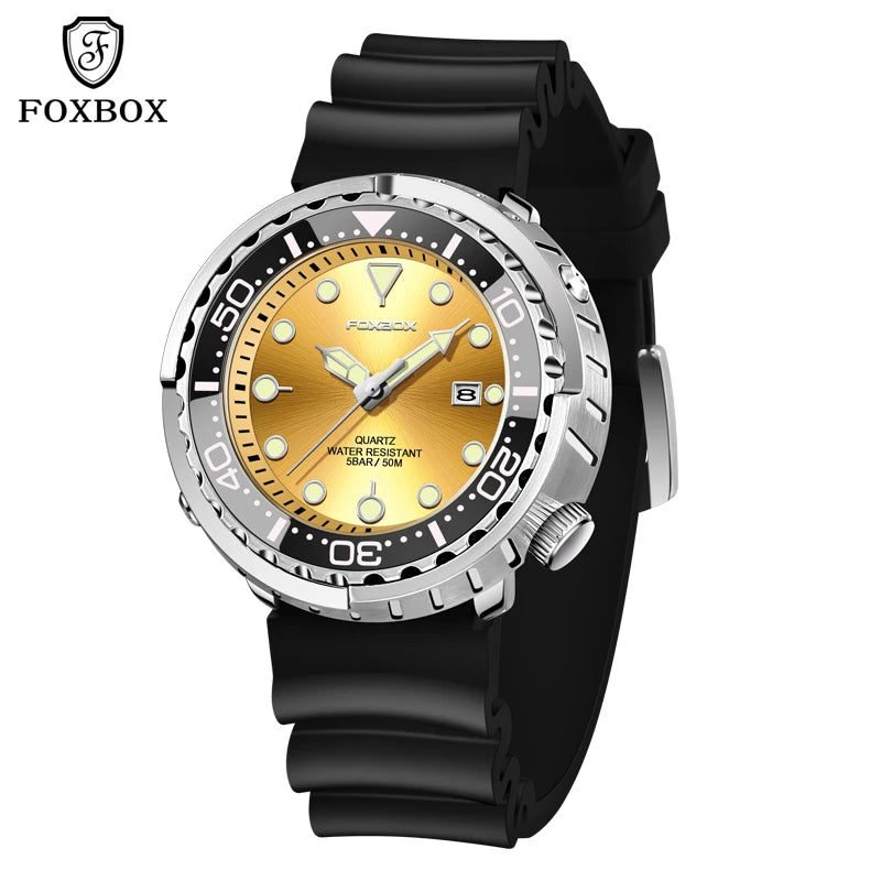 FOXBOX  Top Brand Fashion Diver Watch Men 50ATM Waterproof Date Clock Sport Watches Mens Quartz Wristwatch Relogio Masculino