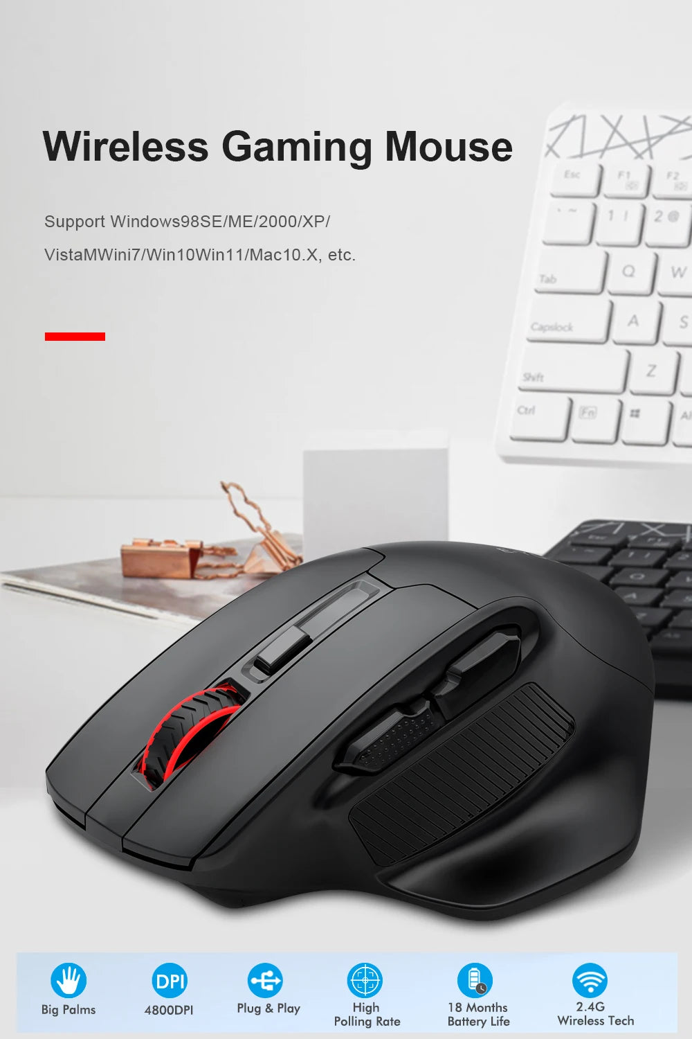 E-YOOSO X-31 ratón gaming inalámbrico USB 2.4G grande para manos grandes PAW3212 4800 DPI 5 botones para gamer, ordenador portátil y PC