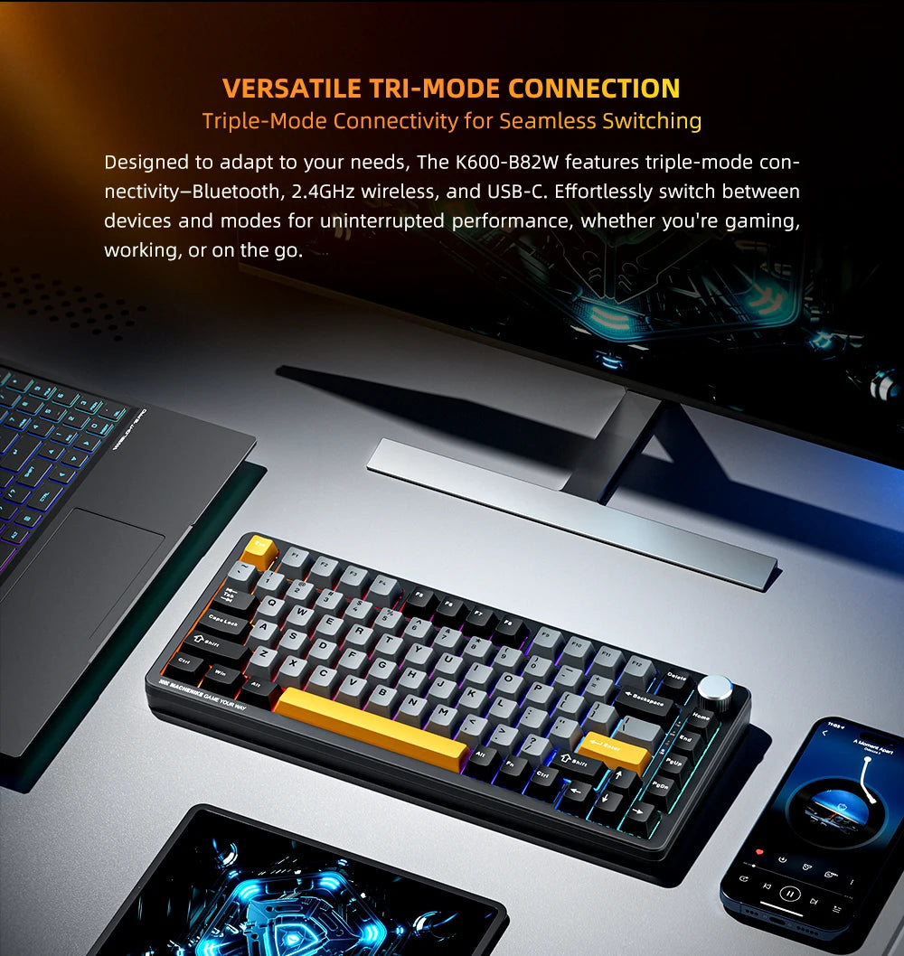 Tastiera meccanica Machenike K600-B82W Tri-Mode con montaggio Gasket, layout ANSI 75%, retroilluminazione RGB, tastiera gaming wireless