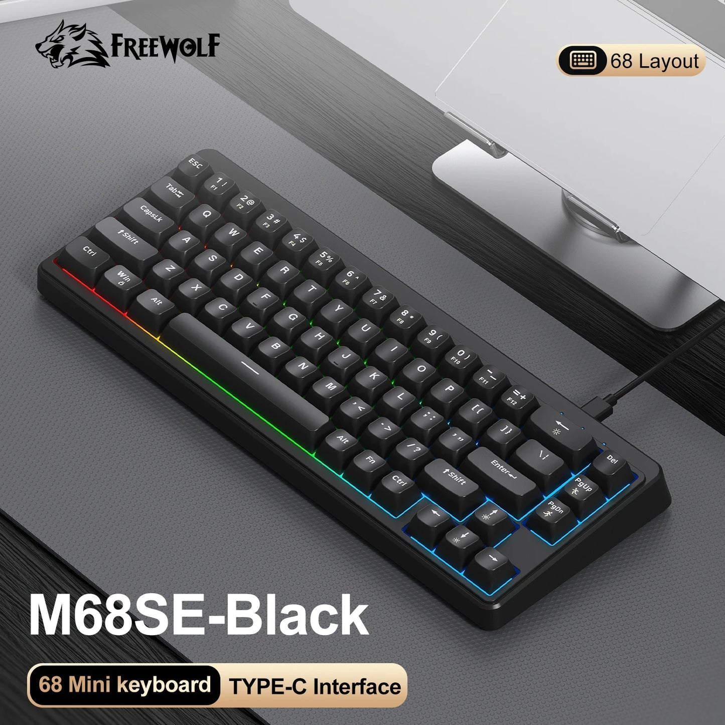 FREEWOLF M68SE Tastiera con sensazione meccanica, 68 tasti, mini tastiera compatta cablata e silenziosa per laptop, gaming e uso ufficio