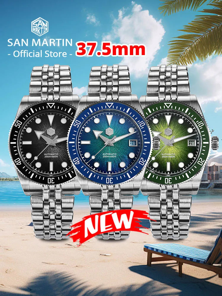 Orologio subacqueo di lusso da uomo San Martin 40mm, Miyota 9015, quadrante smaltato sunburst, automatico meccanico, impermeabile 200m, SN0148