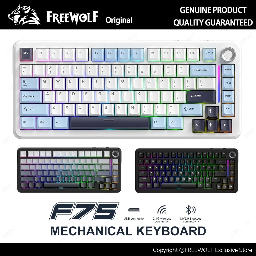Teclado mecánico F75 FREEWOLF * AULA F75 Bluetooth trimodo, diseñado para gaming y uso de oficina