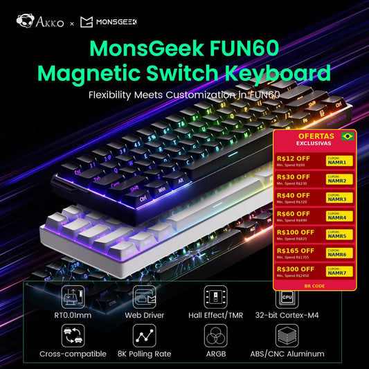 Teclado mecânico Akko MonsGeek FUN60 com interruptores magnéticos 60% Gaming Keyboards Rapid Trigger 0.01mm 8K ARGB HE/TMR personalizado