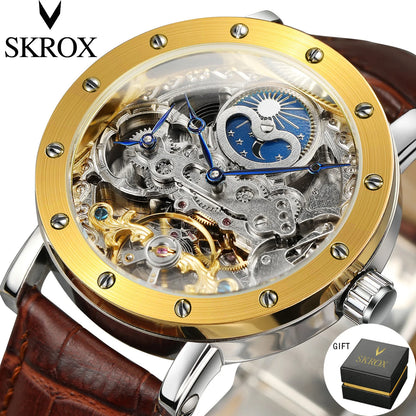 Pánské mechanické náramkové hodinky SKROX s automatickým nátahem, skeletový model s funkcí GMT, fázemi měsíce a tourbillonem – luxusní hodinky nejvyšší třídy, elegantní a originální.