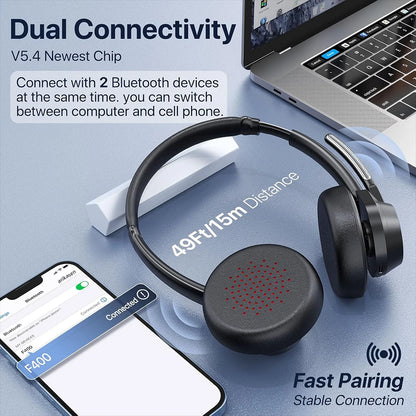 Bluetooth Headset V5.4 Wireless Headphones with Mic, Noise Cancelling Bluetooth Headset for Work, Office Calls, Zoom Meetings, Laptop & Mobile
