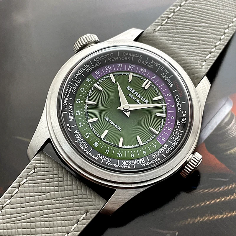 Merkur World Time Men's Retro Mechanical Watch for Men Waterproof Leather 38mm Reloj Hombre