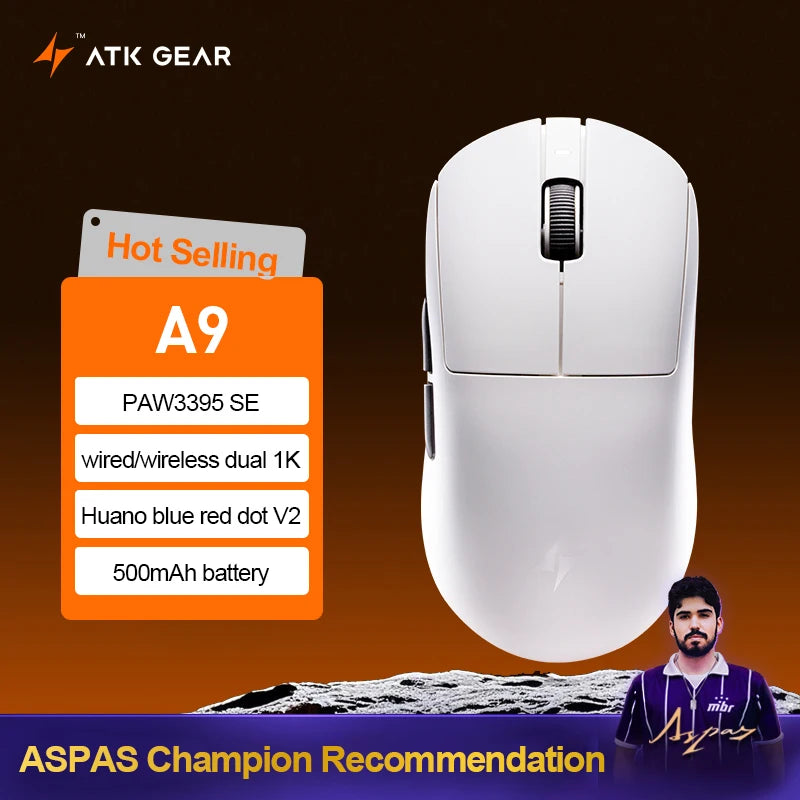 Ratón gaming inalámbrico ATK Dragonfly A9 Ultra PAW3950, ultraligero, trimodo, ergonómico, para esports y jugadores FPS, A9 SE Plus