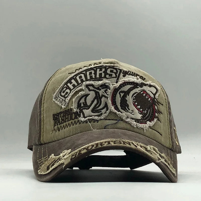Trendy Shark Pattern Washed Baseball Cap for Men Women, Outdoor Fishing Sun Hat, Unisex Vintage Hip Hop Flat Brim Caps