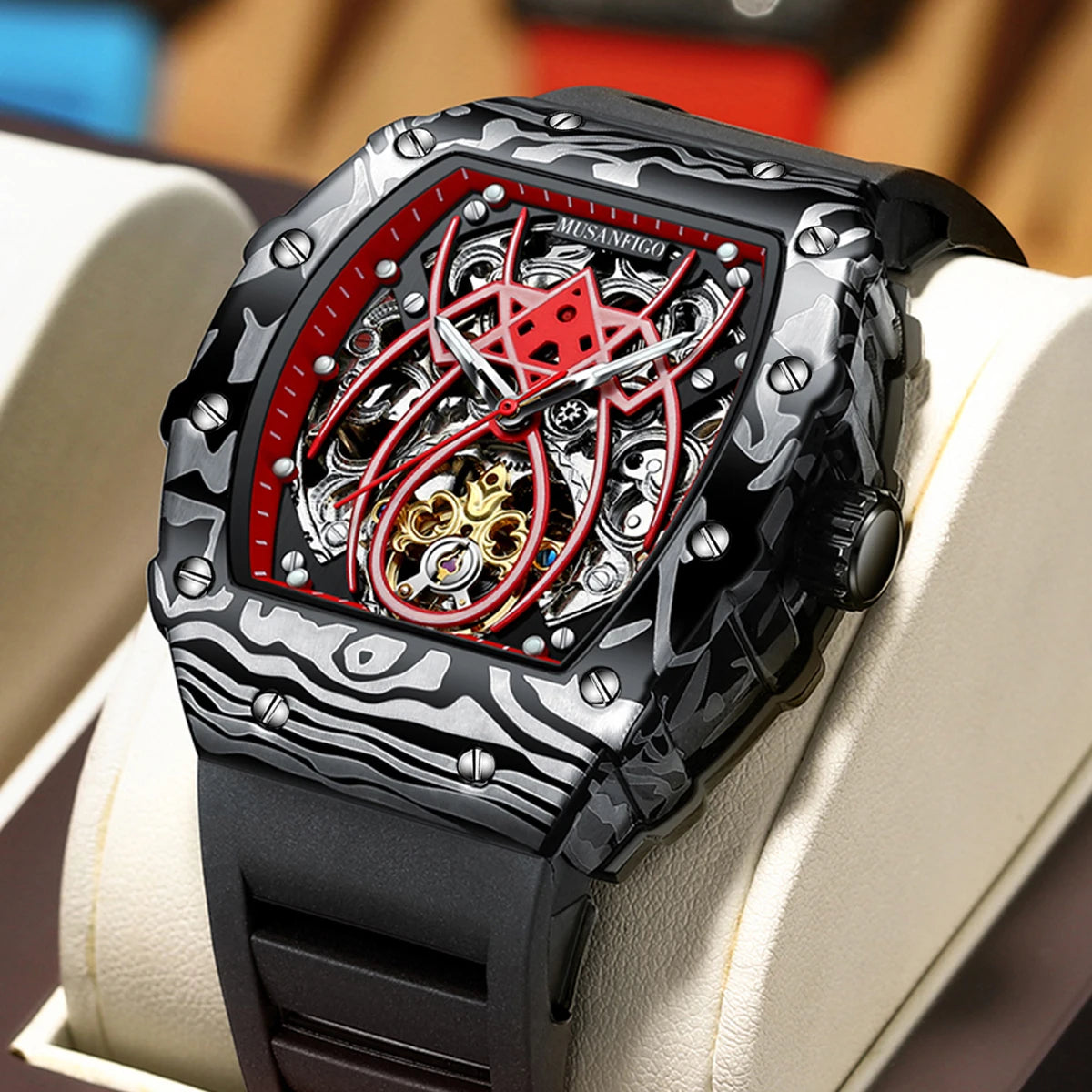 MUSANFIGO automatic hollow mechanical watch, barrel shaped fashionable men's trendy watch, luminous waterproof watch