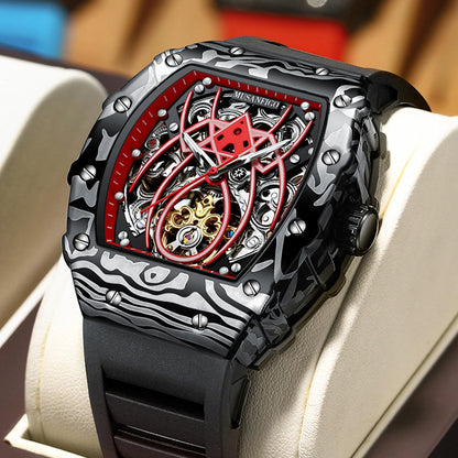 MUSANFIGO automatic hollow mechanical watch, barrel shaped fashionable men's trendy watch, luminous waterproof watch