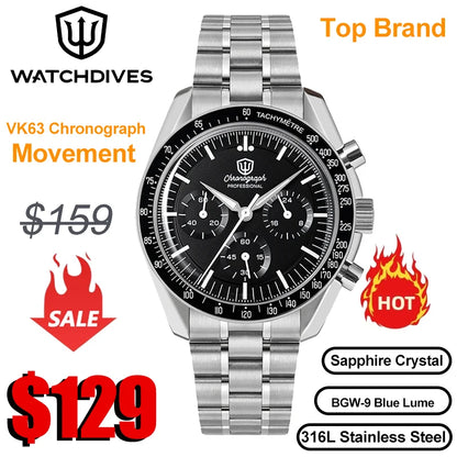 Relógio Masculino Watchdives New Wd1863 Quartz VK63 Chronograph, Safira Abaulada, Impermeável, 39Mm, Aço, Marca Premium, Luxo Business