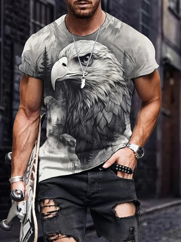 T-shirt patriótica para homem com estampado 3D de águia, gola redonda, manga curta, estilo casual, para verão, moda, atividades ao ar livre e vestuário masculino