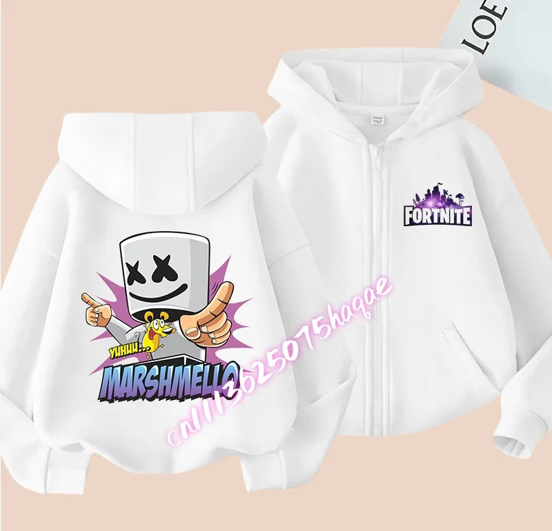 Nuova felpa con cappuccio autunnale per bambini Fortnite, giacca con zip e stampa personaggio cartoon del gioco, cappotto invernale per ragazzi