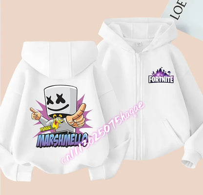 Nuova felpa con cappuccio autunnale per bambini Fortnite, giacca con zip e stampa personaggio cartoon del gioco, cappotto invernale per ragazzi
