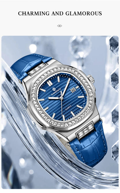New Fashion BANGWEI Elegant Luxury Quartz Woman Watch Simple Dial Diamond Retro Leather Date Waterproof Luminous Women's Watches