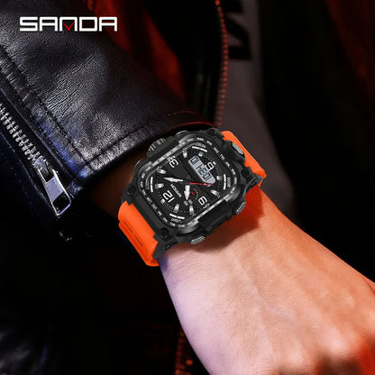 SANDA 6310 Men's Electronic Watch Multifunctional Luminous Alarm Clock Calendar Stopwatch Dual Display Digital Watches for Man