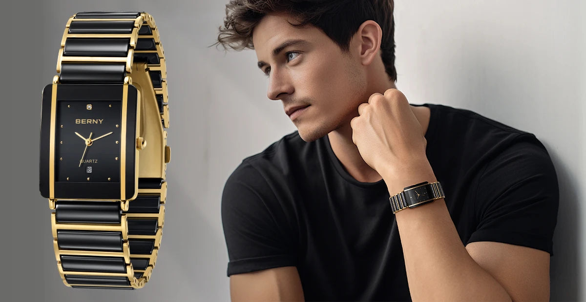 BERNY Ceramic Quartz Men Watch Fashion Luxury Rectangle Wristwatch XV12 Waterproof Calendar Diamon Black Gold Couple Gifts Watch
