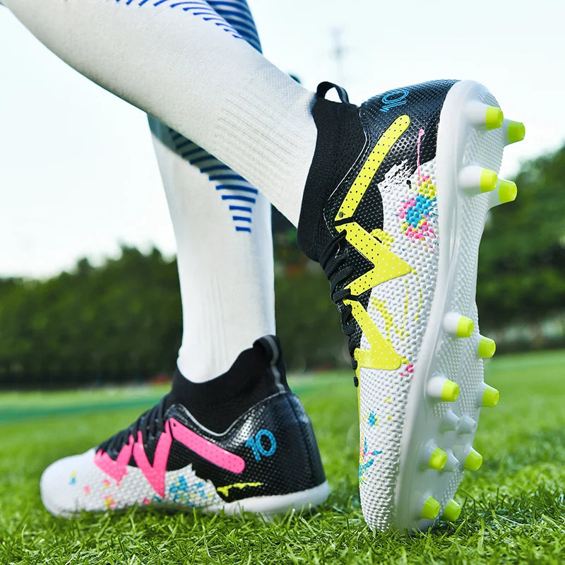 AG/FG Long Studs Soccer Shoes, PU Fabric Mixed Upper, TPU Sole Wear-Resistant Anti-Slip, Men Women Kids Youth Outdoor Sports