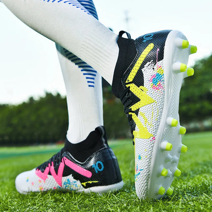 AG/FG Long Studs Soccer Shoes, PU Fabric Mixed Upper, TPU Sole Wear-Resistant Anti-Slip, Men Women Kids Youth Outdoor Sports
