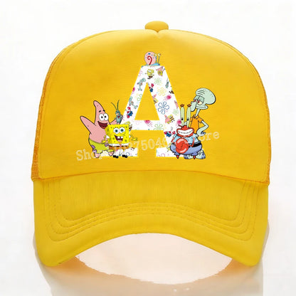 SpongeBobs Baseball Cap Kids Adult Summer Outdoor Sports Sun Hat Child Cute Letter A-Z Sunbonnet Breathable Mesh Headgear Gift