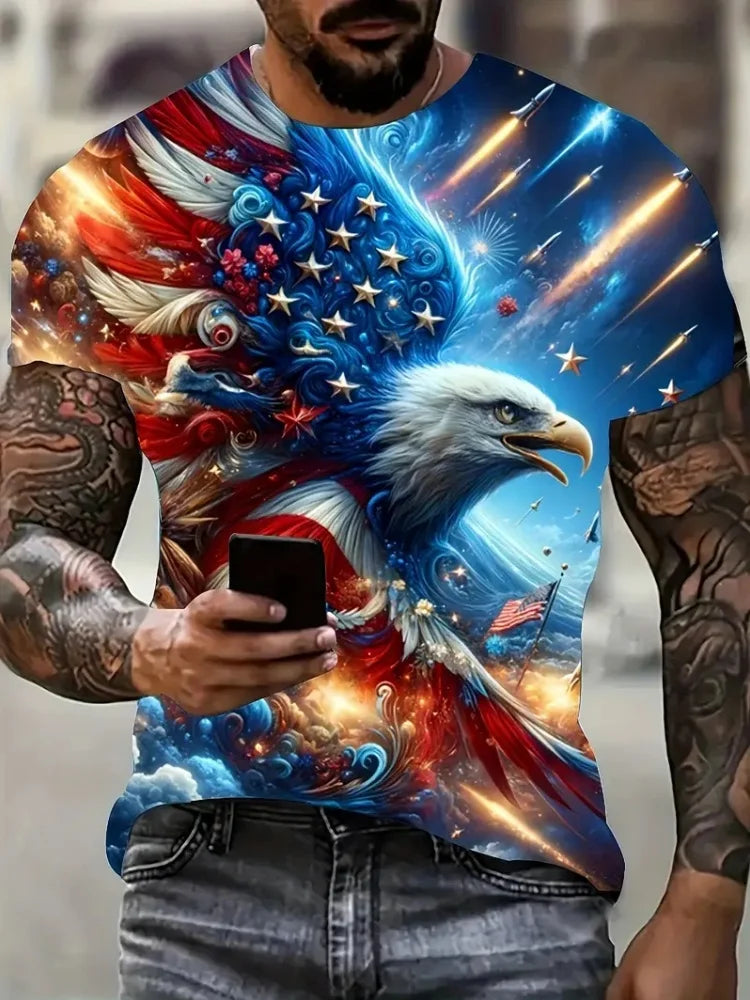 T-shirt patriótica para homem com estampado 3D de águia, gola redonda, manga curta, estilo casual, para verão, moda, atividades ao ar livre e vestuário masculino