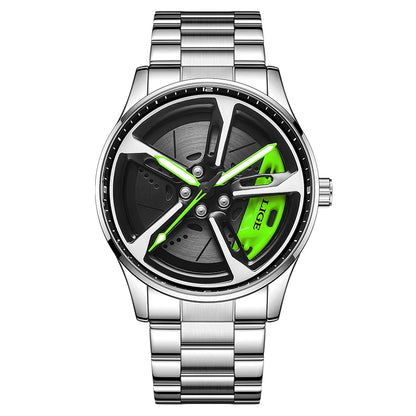 LIGE New Sport 3d Car Wheel Rim Hub Watch Fashionable Rotating Dial Stainless Steel Strap Waterproof Quartz Watches reloj hombre