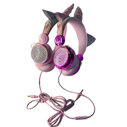 Casque filaire pour enfants, avec oreilles de chat et microphone, oreilles en peluche de licorne, idéal pour les cours en ligne, les jeux vidéo, les étudiants, les filles et les garçons.