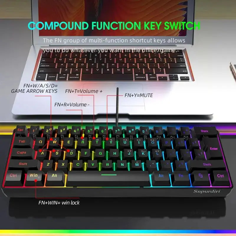60% wired gaming keyboard, RGB backlight ultra compact mini keyboard, waterproof small compact 61 key keyboard for PC/Mac gamers