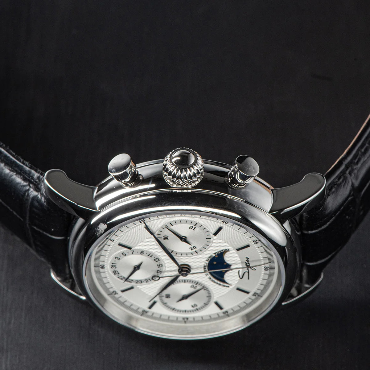 Sugess Men Watch ST1908 Swanneck Movement Mechanical Chronograph Wristwatch Genuine Moonphase Calendar Vintage Leather NEW 2023