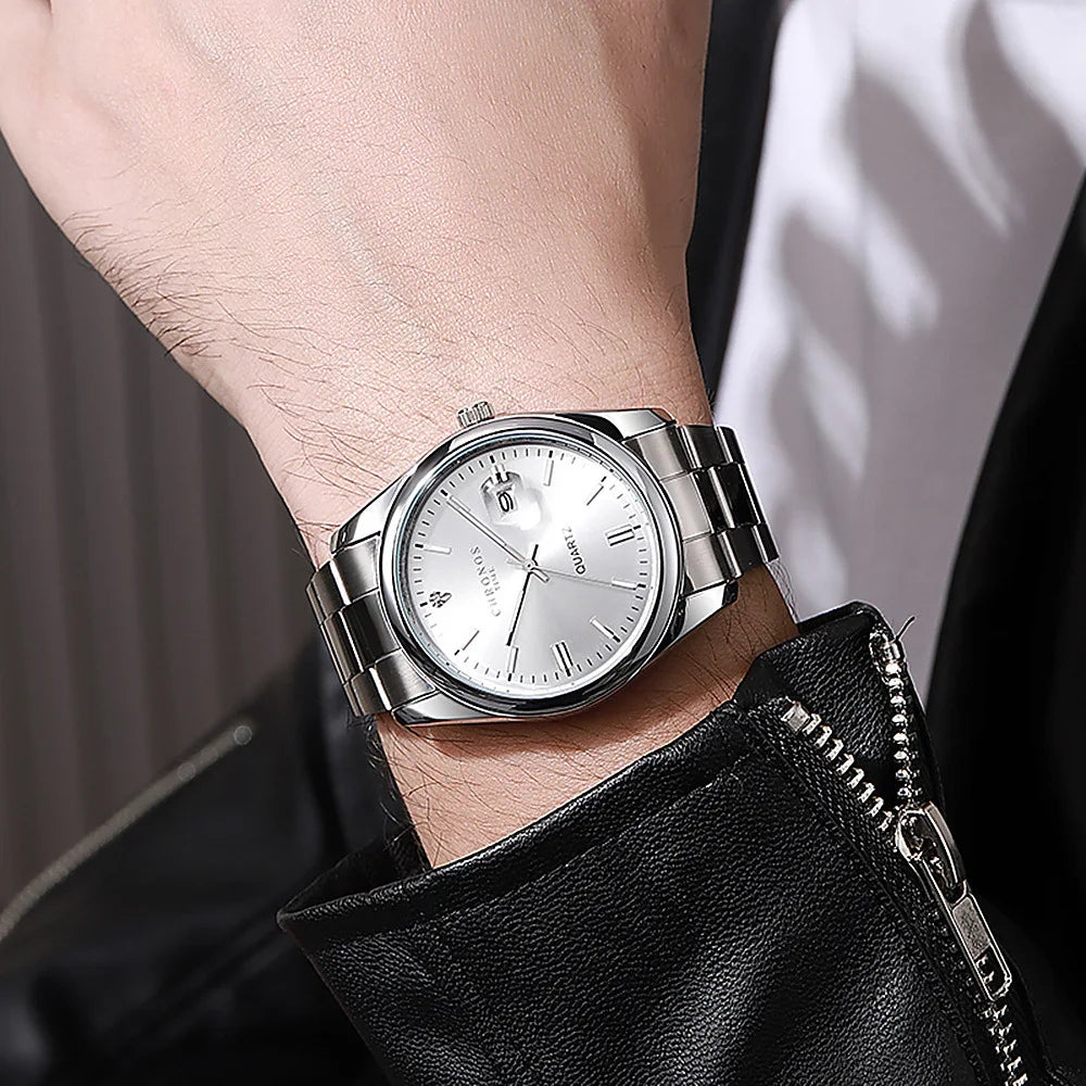 Ceas de mână pentru bărbați CHRONOS – Marcă de lux, rezistent la apă, luminat, cu afișaj al datei, din oțel inoxidabil, cu mecanism cu cuarț.