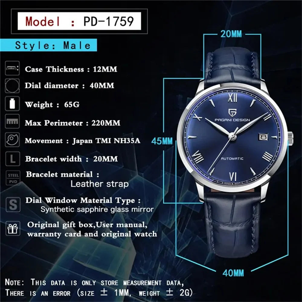 PAGANI DESIGN 40MM Pilot Men Mechanical Watch Luxury Sapphire Glass Automatic Watch 100M Waterproof NH35 Wristwatch For Men