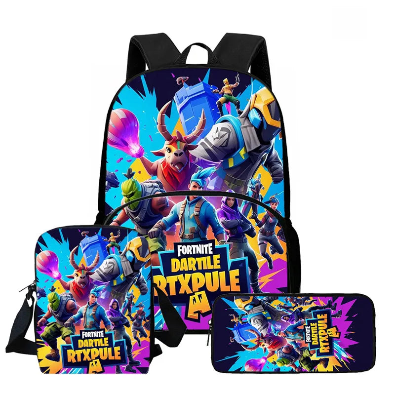 Fortnite Cartoon 3Pcs Backpack Set Unisex for Boys Girls, Backpack with Front Pocket, Crossbody Bag & Pencil Case, Best Gift