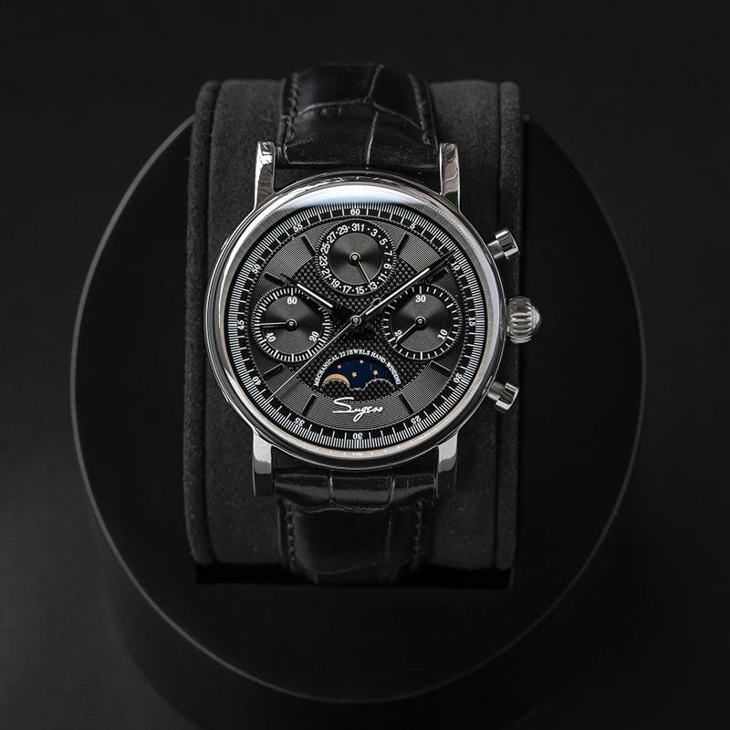 Sugess Men Watch ST1908 Swanneck Movement Mechanical Chronograph Wristwatch Genuine Moonphase Calendar Vintage Leather NEW 2023