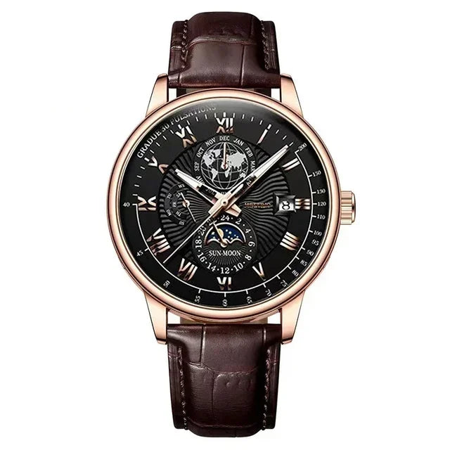Men’s Luxury Sport Quartz Watch -  Waterproof Luminous Dial, Leather Strap & Date Display