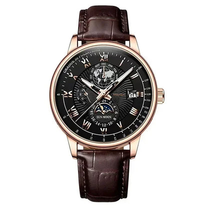 Men’s Luxury Sport Quartz Watch -  Waterproof Luminous Dial, Leather Strap & Date Display