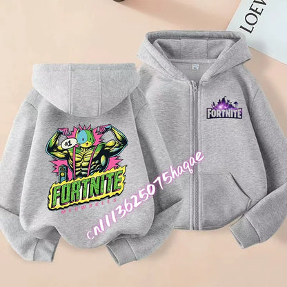 Nuova felpa con cappuccio autunnale per bambini Fortnite, giacca con zip e stampa personaggio cartoon del gioco, cappotto invernale per ragazzi