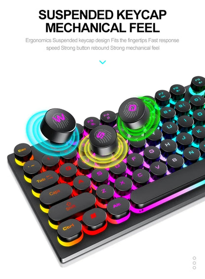 T80 Gaming Mechanical Feel Keyboard Wired 104 Keys Keyboard USB Retro Punk Game Office Suspended Keycap Cool RGB Lighting Effect